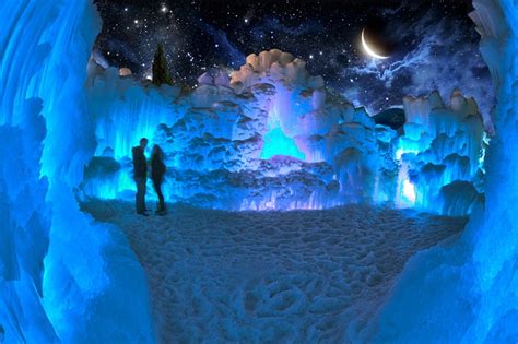 giant frozen ice castle  open  wintry gates  canada