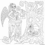 Coloring Goth Halloween Pages Tree Printable Pumpkins Spooky Fairy sketch template