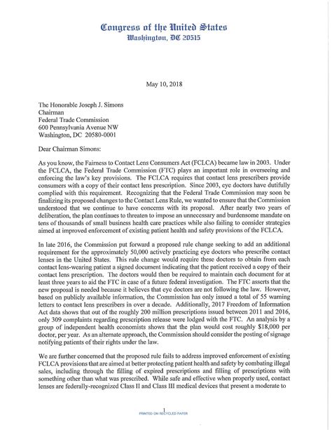congressional letter   ftc  contact lens rule health care