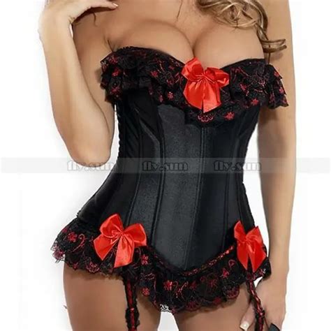 Black Flouncing Overbust Corset With Suspender Sexy Lace Up Bustier