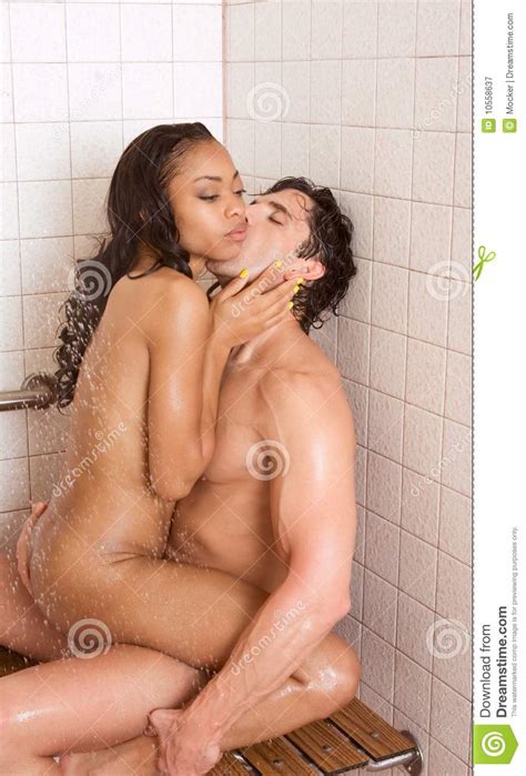 Love Kiss Couple Naked Man And Woman In Shower Stock Image