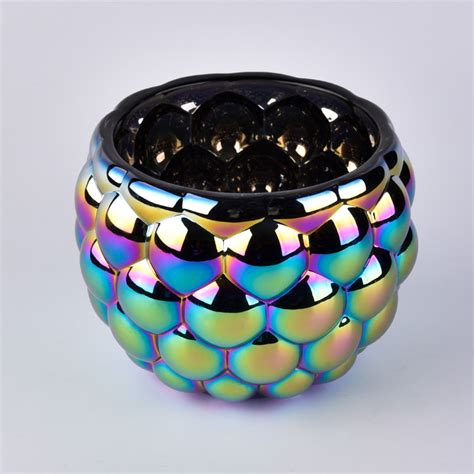 Shining Iridescent Round Glass Candle Holder， Glass Candle Holder