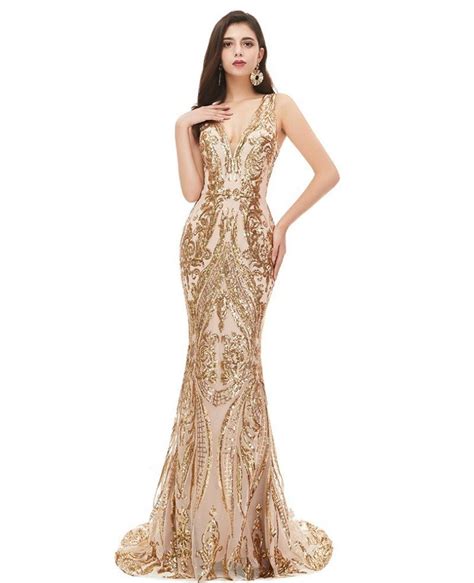Luxe Champagne Gold Sparkly Mermaid Prom Dress Fitted Sexy Vneck Ez03k