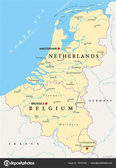 benelux belgie nederland luxemburg politieke kaart met hoofdsteden randen belangrijke