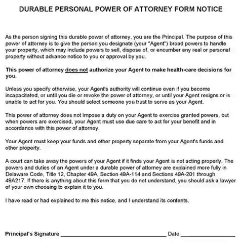 delaware power  attorney form  printable  printable form