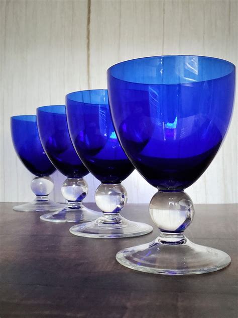 Vintage Cobalt Blue Wine Glasses Water Goblets With Ball Stems Etsy