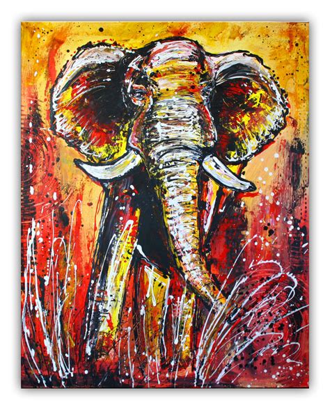 elefant gemaelde abstrakt handgemalt gelb rotes elefantenbild rot