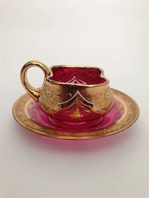 Set Of Six Individual Moser Cups And Saucers Gilt And Enameled C 1900