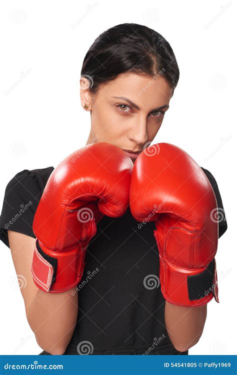 serious business woman wearing boxing gloves stock image image of