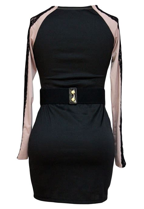 Belted Lace Trimmed Long Sleeve Tight Black Dress Online