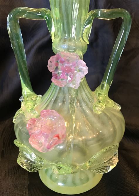 victorian vaseline opalescent uranium glass vase with applied