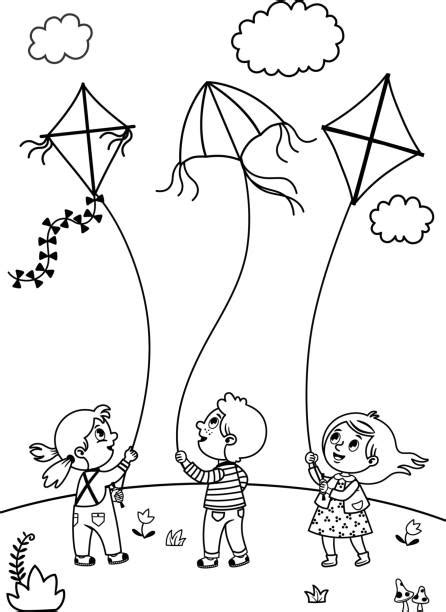 children flying kites coloring book page illustrations royalty