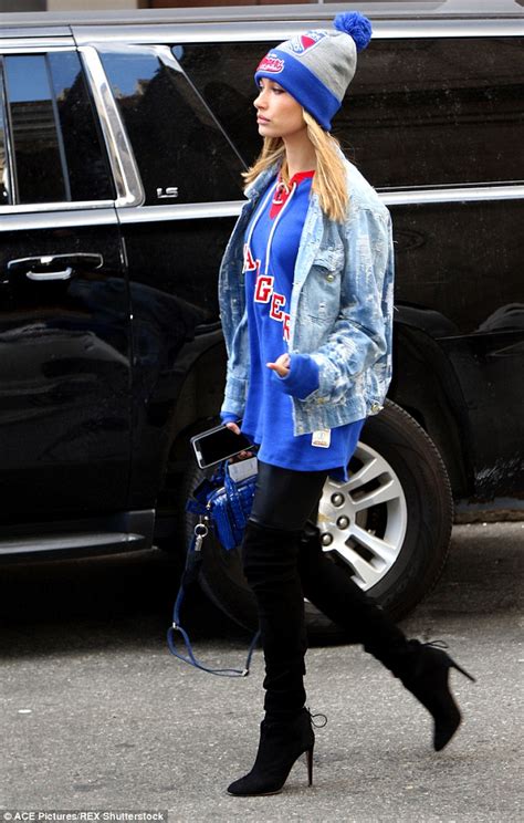 hailey baldwin shows true colors in ny rangers gear daily mail online