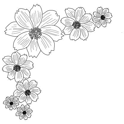 outline vector flower illustration corner border frame  floral