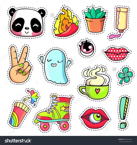 cool stickers set in 80s 90s pop art comic style patch
