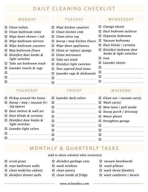 daily cleaning checklist     clean bee