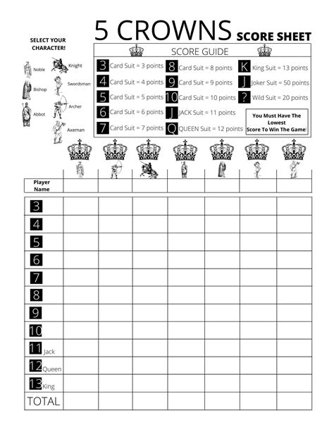 crowns score card  added character select printable etsy uk