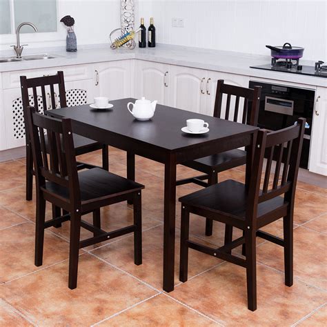 costway pcs solid pine wood dining set table   chairs home kitchen