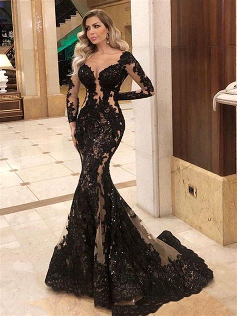 Sexy Black Mermaid Evening Pageant Dresses 2021 Illusion Long Sleeve