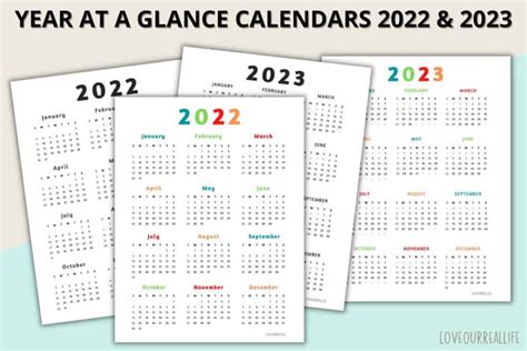 year   glance calendar  printable  love  real life