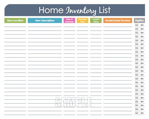 home inventory organizing printable fillable household inventory