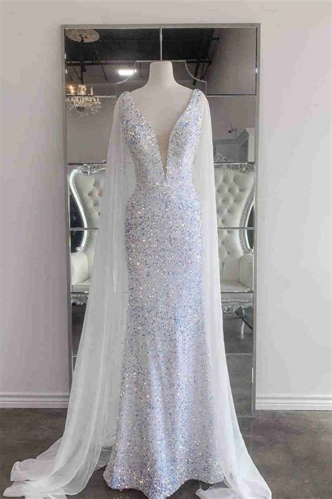 glitter plunging neck sequind white prom dress   white prom dress glitter dress long
