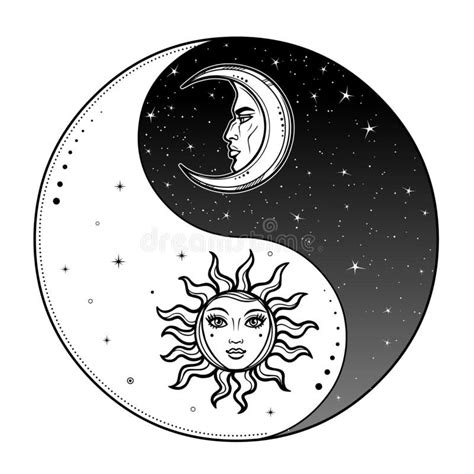 mystical drawing stylized sun  moon  human face day  night