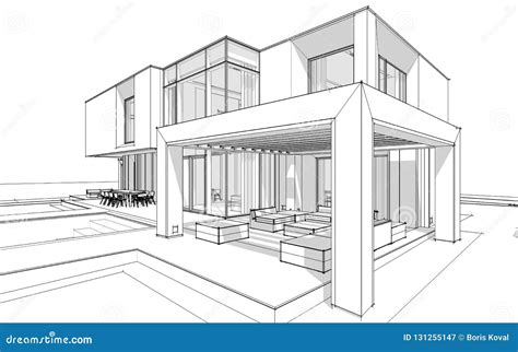 rendering sketch  modern house black   white background