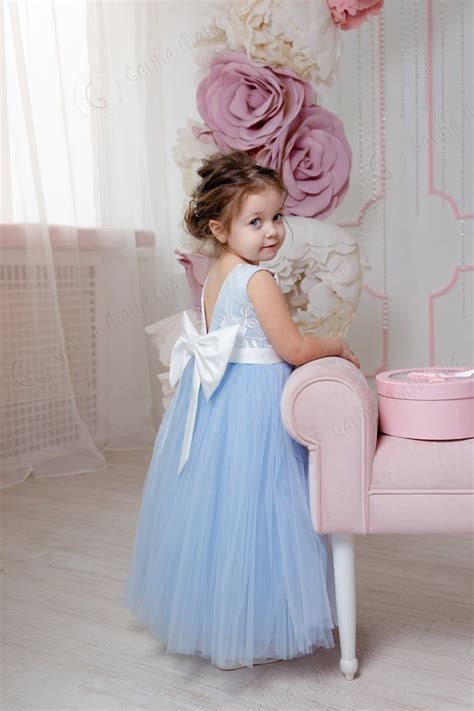 Dusty Blue Flower Girl Dress V Neckline Back Bow First Birthday Dress