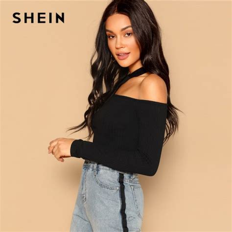 shein black asymmetric cutout neck ribbed t shirt 2019 women elegant