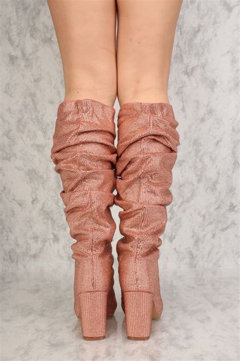 sexy dusty pink pointy close toe slouchy chunky heel knee high boots