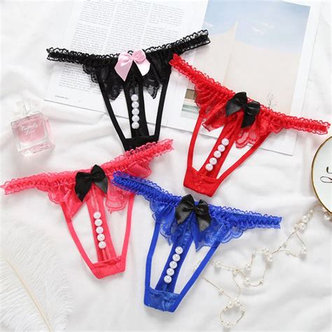 2020 New Sissy Sexy Panties Womens Underwear Lace Open Crotch Pearl