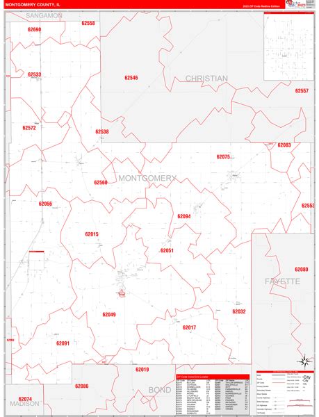 Montgomery County Il Zip Code Wall Map Red Line Style By Marketmaps