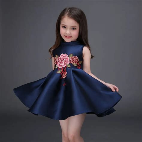 embroidered flower girls dress cotton princess navy blue casual ball gown  kids clothes