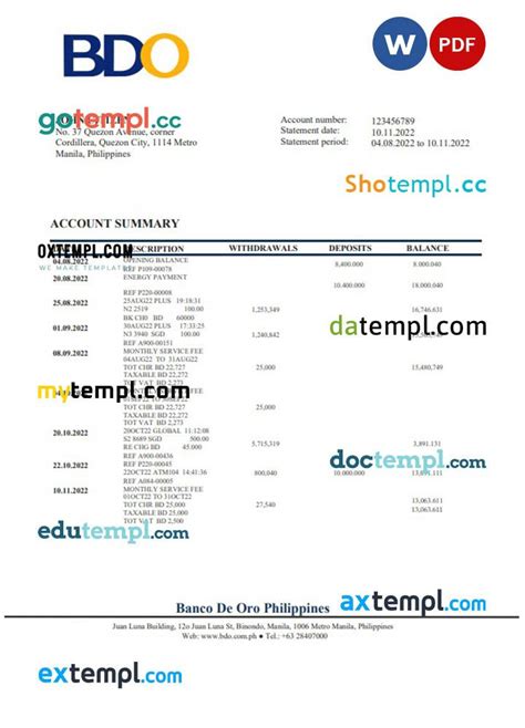 philippines bdo bank statement template  word   format