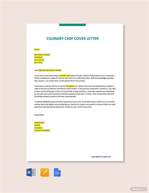 culinary chef cover letter template  word google docs pages