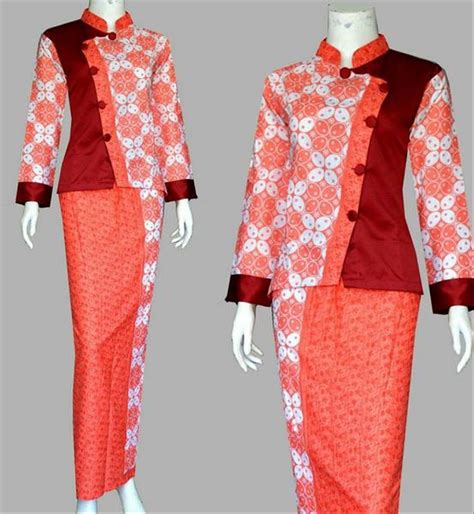 Jual Setelan Blus Batik Lengan Panjang Seragam Kerja Merah Baju Batik