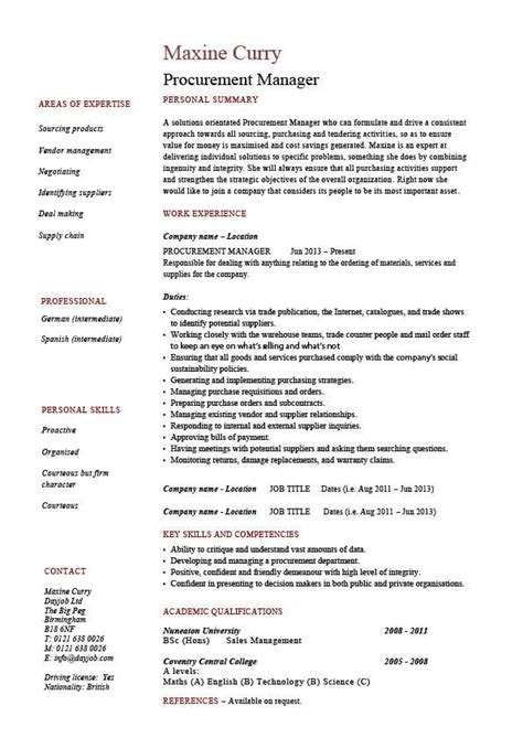 procurement manager cv template job description sample resume
