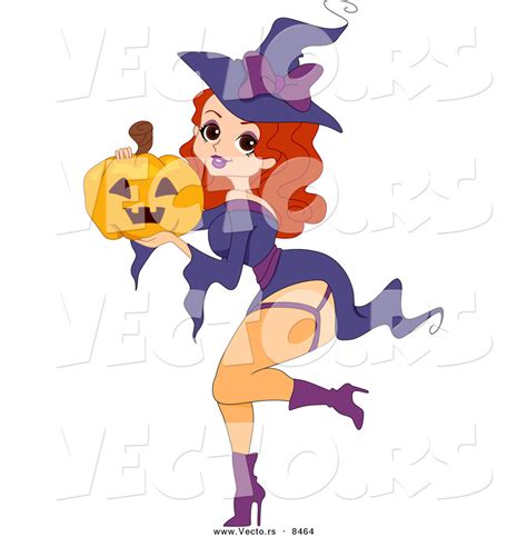 cartoon vector of a sexy halloween witch pinup girl holding a jack o