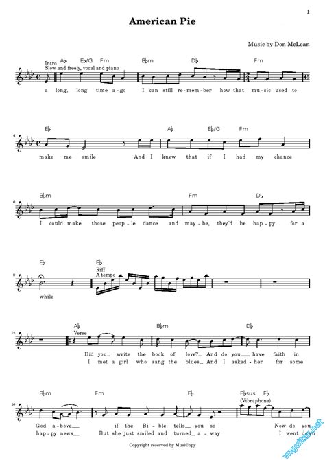 sheet notes and chords american pie don mclean sheet