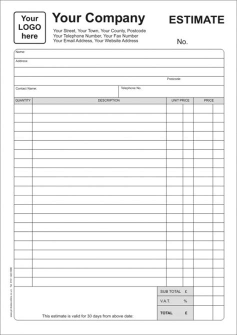printable estimate forms template business