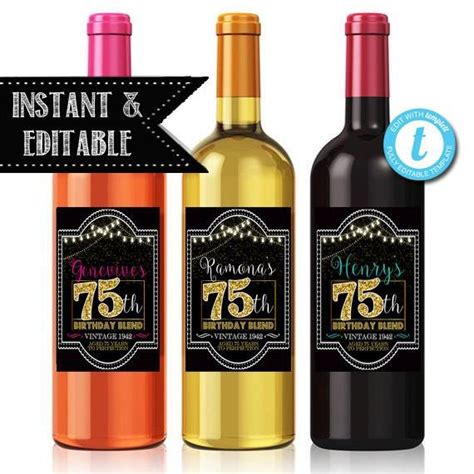 Editable 75th Birthday Custom Wine Label Cheers To 75 Years 75th