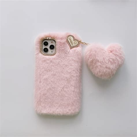 allytech iphone  pro max case  cute girly soft warm faux fur  heart ball protective