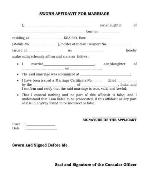 affidavit form  marriage samples  ms word
