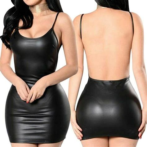 sexy faux leather dress backless club party short dress solid black wet