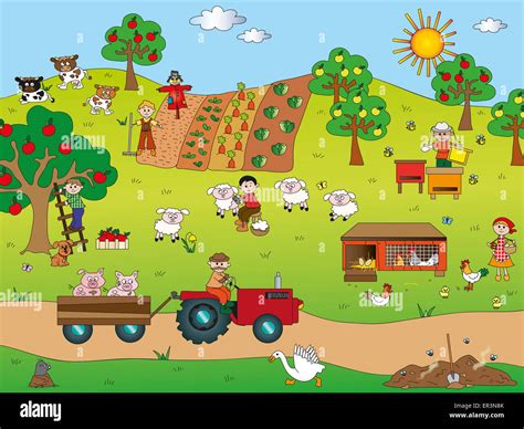 illustration  country landscape  farm animals stock photo alamy