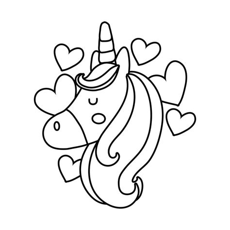 cute unicorn head  hearts  style icon  vector art