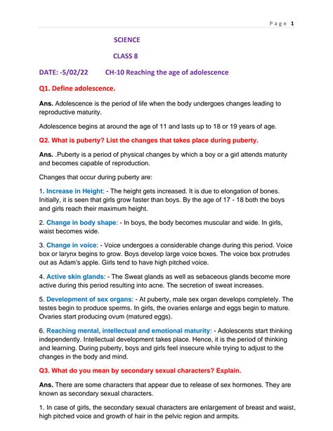 Solution Reaching The Age Of Adolescence Notes Cbse Class 8 Science