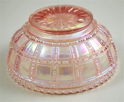 Imperial Lenox Frosted Block Pink Iridescent Carnival Lig Glass Round Bowl