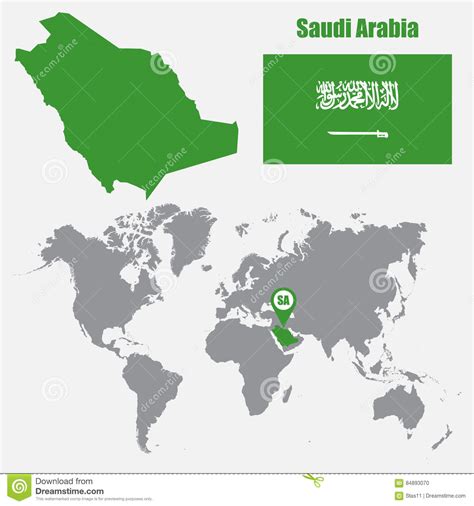 Saudi Arabia Map On A World Map With Flag And Map Pointer